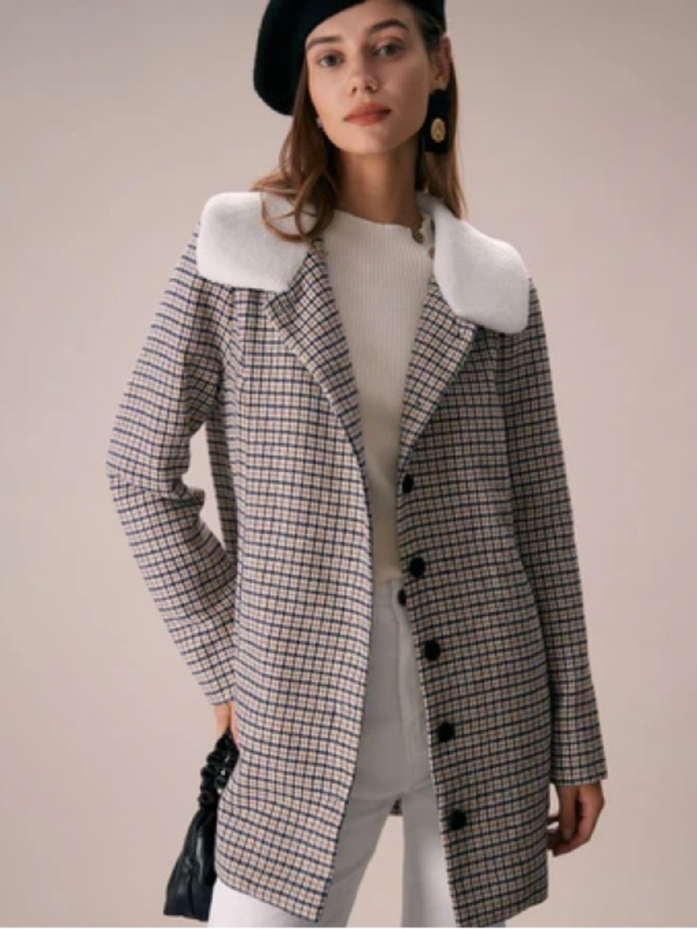 RIHOAS Plaid Blazer with White Faux Fur Collar